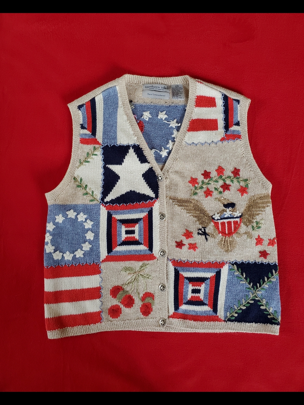 VINTAGE Embroidered Americana Patchwork Knit Vest - Beige with Red White & Blue